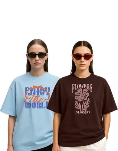 Image of Women's Oversized Cotton Blend Graphic T-Shirt Combo (Pack of 2) | Baggy Fit, Drop Shoulder, Half Sleeves | Sizes S to 2XL
