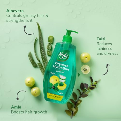 Nyle Naturals Dryness Hydration Shampoo, with Tulsi, Amla and Aloe Vera, Gentle & Soft Shampoo, pH Balanced and Paraben Free, For Men & Women, 800ml