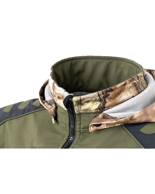 Giacca Tiger da Caccia Mimetica, Softshell Impermeabile con Cappuccio Removibile, Design a Due Tonalità,Verde Militare e Giallo Alta Visibilità