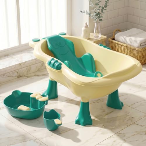Image of StarAndDaisy Baby Bath Tub for 0 to 5 Years with Bathing Accessories Tray & Mug | Baby Bather for 0 to 2 Years | BPA Free Baby Bath tub for Kids 0-3 Years with 4-Leg Support (Cream-Green, Bathtub with Legs)
