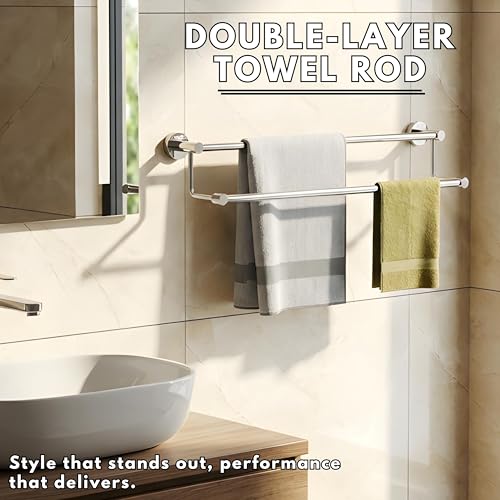 Image of GLOXY Premium 2 Layer Bathroom Towel Rod - 24 iInch Wall Mount Rust Proof Stainless Steel Chrome Finish Towel Rod for Bathroom - Bathroom Fittings Accessory Bath Towel Holder for Home & Hotels