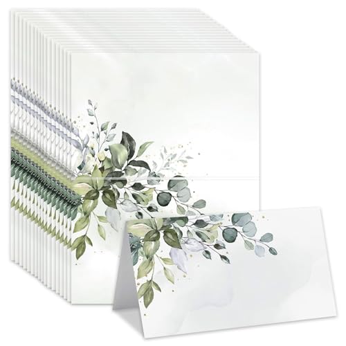 GVSS Lot de 50 Marque Place Anniversaire 9 x 10 cm, Marque Place Mariage,Cartes de Place en Style Eucalyptus pour Baptême,Communion,Anniversaire,Design Plié...