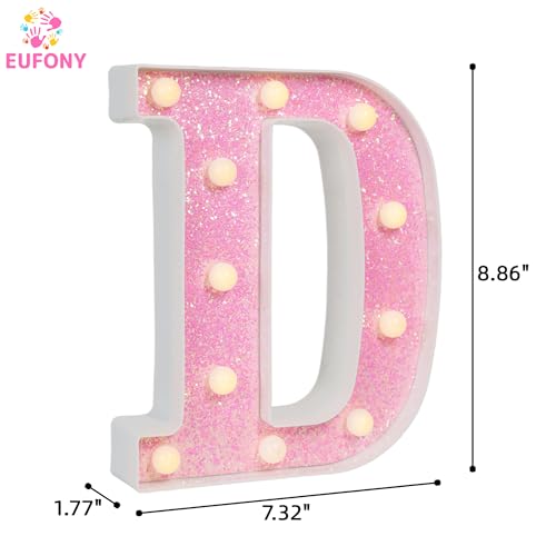 Image of Pink Glitter Marquee Light Up Letters, Battery Operated LED Letter Lights Signs for Pink Birthday Party Table Decorations, Wall Decor for Girls Bedroom, Initial Letter D with Warm White Lights