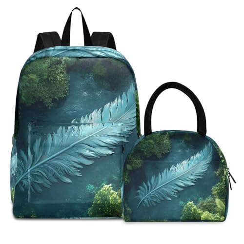 Backpack Lunch Bag Set Big Feather Print, Big Storage Travel Backpacks with Insulated Lunch Box for Office Hiking Picnic