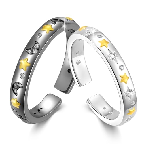 Sun and Moon Ring Set 925 Sterling Silver Adjustable Promise Rings for Couples Bestie Rings Matching Ring Celestial Jewelry Gifts for Best Friends Couples Mother Daughter