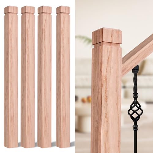 Tristcily 3.5 x 47 Red Oak Wood Stair Newel Post with a Single Groove Notched Newel Wood Balusters for Staircase Interior and Outdoor Railing Newels for Stair Handrails (4)