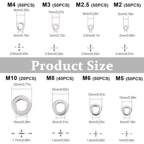 Image of Serplex 360Pcs 304 Stainless Steel Flat Washers for Screws Bolts, Fender Washers Assortment Set, Assorted Hardware Lock Metal Washers Kit 9 Sizes-M2 M2.5 M3 M4 M5 M6 M8 M10 for Home, Factories Repair