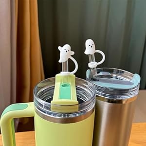Cute ghost straw covers cap compatible with stanley cup 30 40 oz 4pcs silicone reusable drinking straw topper including 2 styles funny tumbler accessories perfect halloween decorations  urban country home decor