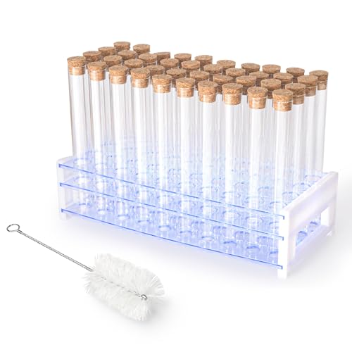 25ml 40pcs Clear Glass Test Tubes 18x150mm with Cork Stoppers and 1pcs 50Holes Plastic Tubes Rack for use in Laboratories, Plant Propagation, Parties, Bath Salts, Candy Storage