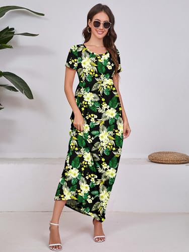 Image of DEARCASE Maxi Dress for Women Short Sleeve Casual Summer Loose Plain Comfy Long Dresses with Pockets