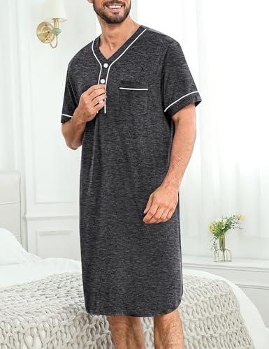 Image of SWOMOG Mens Nightgown Short Sleeve Lounge, Sleep Henley Shirt Pajama Big & Tall Nightshirt Comfy Nightwear M-3XL