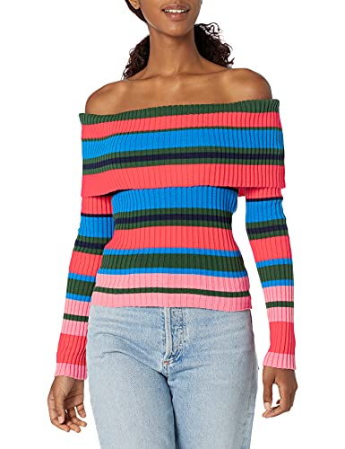 Ella Moss Women's Charlotte Off Shoulder Long Sleeve Top, Coral Flames Stripe, Xsmall #TOP7