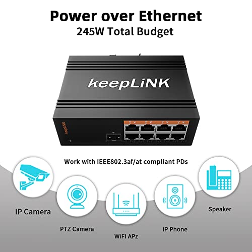 Image of 8 Port Industrial PoE Switch Unmanaged, Gigabit PoE Switch with 8 PoE+ Ports @245w, 1 SFP Slot, DIN Rail Hardened Network Switch, IP40