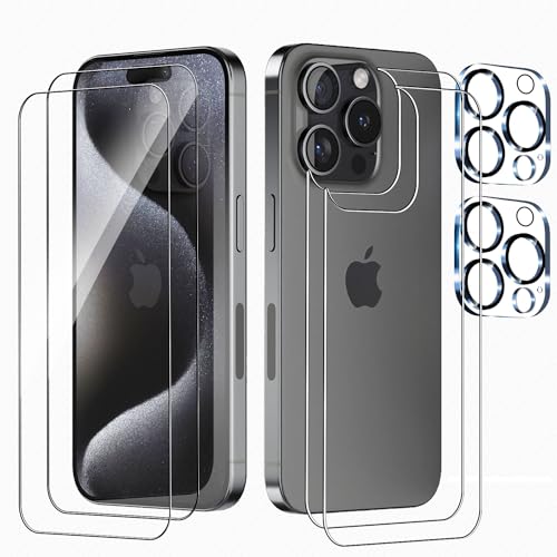 BIGFLYANTS 2 Pack Front Screen and 2 Back Glass Protector Compatible with iPhone 15 Pro Max + 2 Pcs Camera Lens Protector, 9H Hardness, Easy to Install with Alignment Tool
