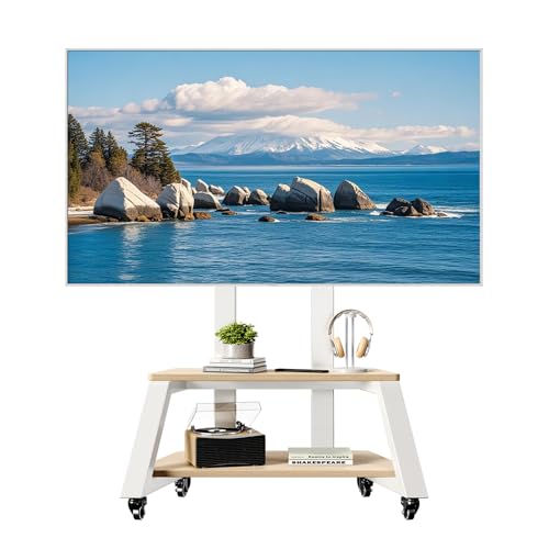 Mobile TV Stand Rolling TV Cart with Wheels for Most 32-86 Inch TV Stand with Double Wooden Shelf, Height Adjustable Heavy-Duty Holds up to 180lbs,Max VESA 600 * 450mm