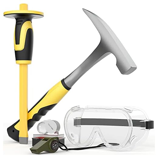 INCLY 5 PCS Geology Rock Pick Equipment Kit, 32 oz. Rock Hammer with 12" Mason Concrete Chisel, Safety Glasses, Whistle, jewelers loupe, Tool Set for Hounding,Gold Mining & Prospecting, Stone Breaking