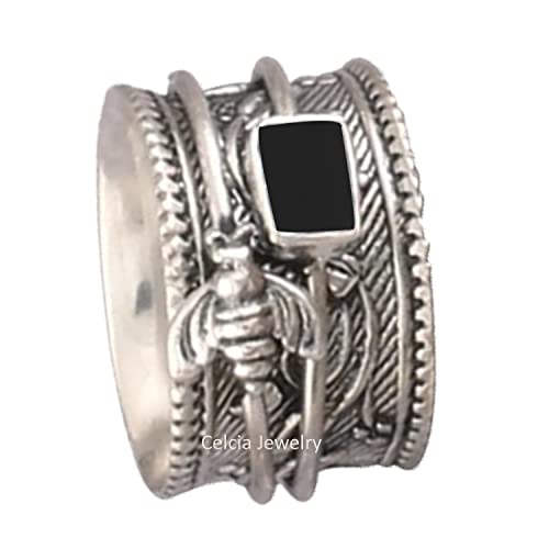 Solid 925 Sterling Silver Honey Bee Spinner Meditation Ring, Natural Abalone Shell Gemstone Ring