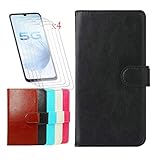 FZZ Premium PU Leather Wallet Flip Protective Case for Nuu Mobile G5 (6.55') + [4 Pack] Screen Protector Film Tempered Glass, Magnetic Flip Cover with Card Slots and Stand Shell - Black