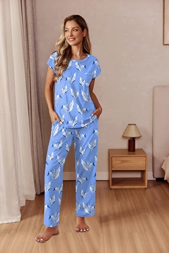 Image of Ekouaer Womens Pajama Sets Cap Sleeve Sleepwear Tops and Long Pants Comfy Pjs 2 Piece Lounge Set with Pockets S-XXL