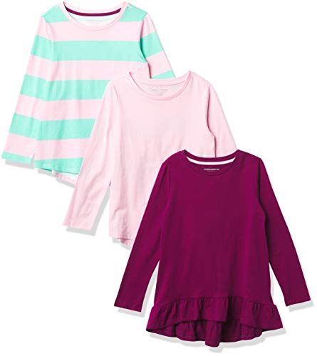 Amazon Essentials Girls' Long-Sleeve Cotton Jersey Tunic T-Shirts, 3-Pack Rugby Stripe, 3T