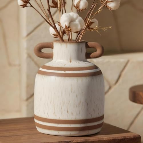 Yokiiimakiii Ceramic Rustic Farmhouse Vase with Handles, 5.9 inch Vintage Stripe Terracotta Vase, Pottery Decorative Flower Vase, Boho Clay Vases for Home Decor, Shelf, Table, Living Room, Mantle