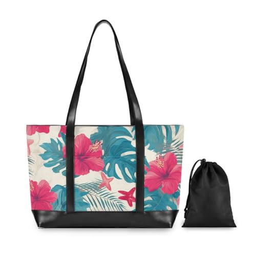 Tropical Leaves Red Hibiscus Flowers Starfish Hawaiian Style fashion women laptop bag with zipper bags for women tote professional for nurse work with bolsos secret para mujeres2