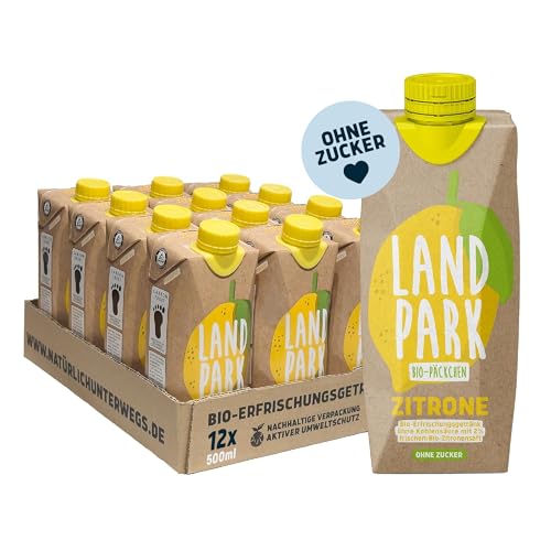 Landpark Bio-Erfrischungsgetränk Lemon, 12 x 0,5 L im Tetra Pak | aus Bio-Quelle mit Zitronengeschmack | ohne Zucker | ohne Kohlensäure | Pfandfrei