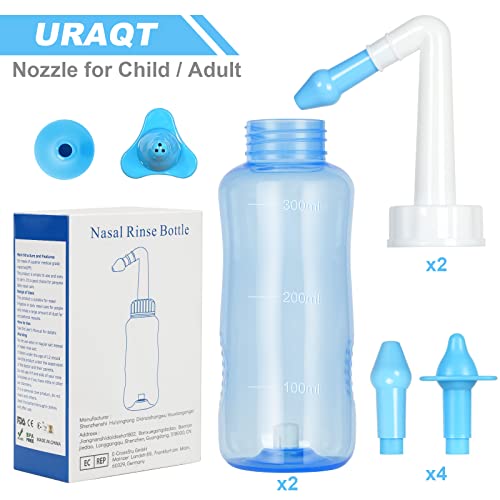 URAQT Nasendusche, 2 Stück 300ml Nasenspülung Flasche, Nasenspülkanne zur Sinus Spülung Nasenreinigung und Nasenspülung, Neti Pot Nasenspülsalz für Erwachsene und Kinder (2x Nasendusche)