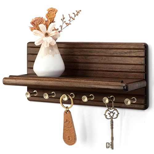 Rebee Vision Acacia Wood Key Holder Wall Mount - Farmhouse Key Holder for Wall with 6 Hooks & Floating Shelf - Apartment Essentials for Home Decor Living Room (Black Walnut) by Rebee Vision - Used condition - US$27.25