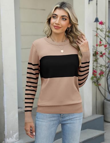 LOMON Womens Sweaters Long Sleeve Crew Neck Striped Color Block Sweaters Fall Fashion Knit Pullover Tops2