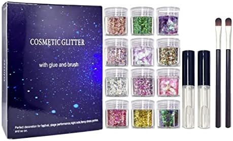 12 Colors Face Glitter Cosmetic Glitter Nail Glitter Glitter Hairspray Body Chunky Glitter with Glue and Brush for Eye, Cheeks,Hair, Festival Party (12 Colors+Brush+Glue)