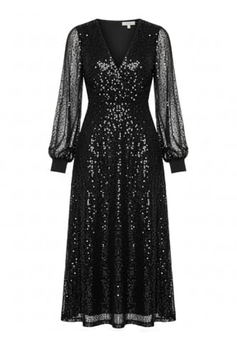 Image of Yumi Black Sequin Long Sleeve Midi Dress (UK, Numeric, 8, Regular, Regular, Black)