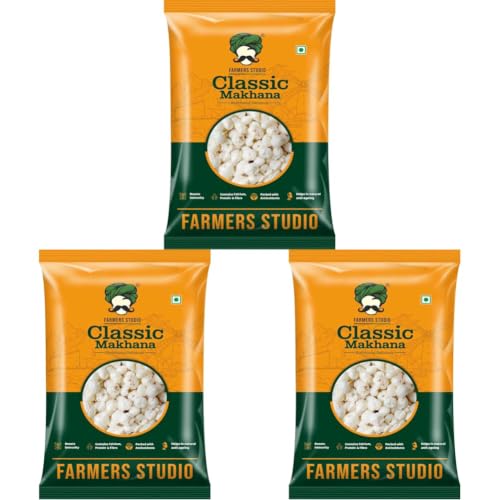 Image of Farmers Studio Naturally Grown Makhana 200 g | Mix Foxnuts | Low‑Fat, High‑Fiber Superfood Snack | Gluten‑Free & Antioxidant‑Rich (Pack of 3)