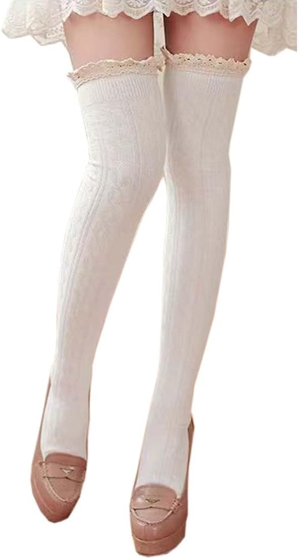 Women Extra Long Socks with Lace Trim Over Knee Thigh High Sock Knit Leg Warmers Halloween Costume Stocking Sock04