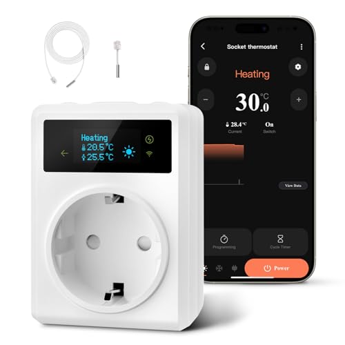 AVATTO Smart Temperaturregler, Digital Thermostat Steckdose kompatibel mit Alexa, Google Assistant Sprachsteuerung und Smart Life App, mit Heizung/Kühlung/Timer, 3m und 5cm Fühler, 230V