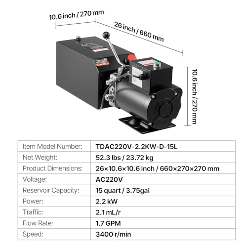 Image of VEVOR Hydraulic Power Unit, 15 Quart Hydraulic Pump, AC 220V Single-Acting Dump Trailer Pump, 3200 PSI Max Relief Pressure, 1.7 GPM Flow Rate, Hydraulic Pump for Dump Trailer Car Lifting