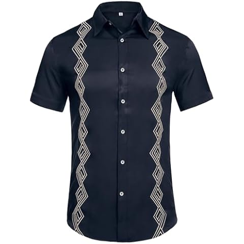 Daupanzees Men's Guayabera Cuban Shirts Short Sleeve Embroidered Shirts Beach Button Down Shirts Summer Casual Shirts Top Navy Blue L Cover