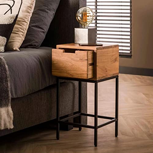 RINGO-Living Massivholz Nachttisch Meuka Mit Schublade, Industrial Style Stauraum, Wohnzimmertisch 60 cm Hoch, Holz, Hellbraun & Schwarz
