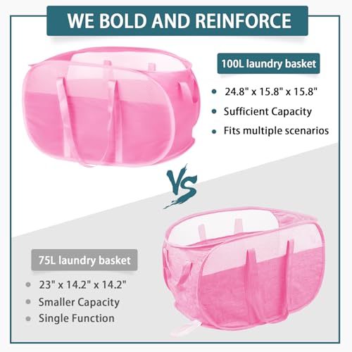 Image of 100L Collapsible Laundry Baskets, Tear Proof Pop Up Laundry Hamper with Dual Handles, Large Foldable Laundry Basket, Easy to Carry Laundry Hamper for Home, Laundry Room, Bedroom, Dorm, Travel Pink