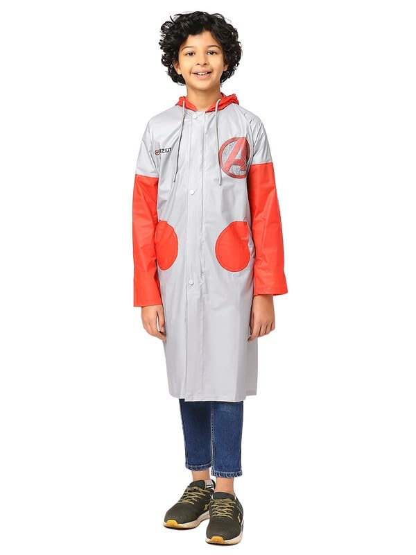 Image of Citizen Avengers Kids Raincoat with Inbuilt Hood & Carry Bag, PVC Virgin Fabric with High Tearing Strength, Full Sleeves Knee Length Raincoat For Boys & Girls, Grey & Red