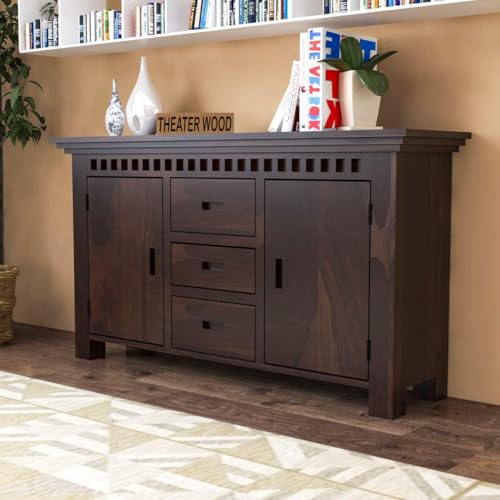 Image of Solid Sheesham Wood Sideboard and Cabinets | Wooden Side Board Media Console Tv Cabinet for Living Room | Free Standing Cabinet with 3 Drawers & 2 Door Cabinet Storage | Walnut Finish