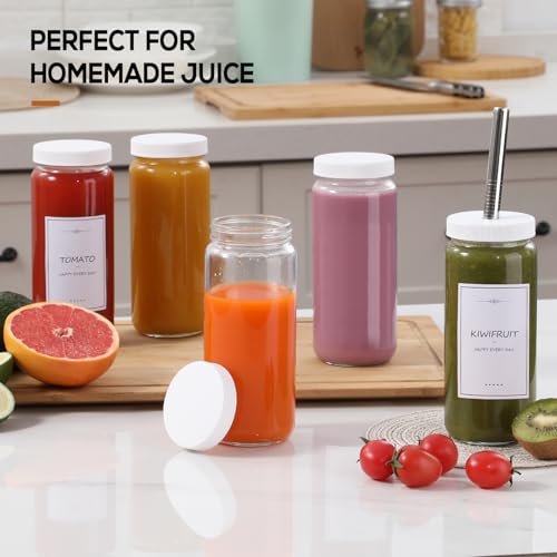 Image of 12 PACK, 16 OZ Glass Juice Bottles with Airtight Lids, Bonus 2 Straws & Perforated Lids, Reusable Juicer, Juicing Bottles - Clear Drinking Jars Cups, Water Bottle, Travel Juice Container, White Caps
