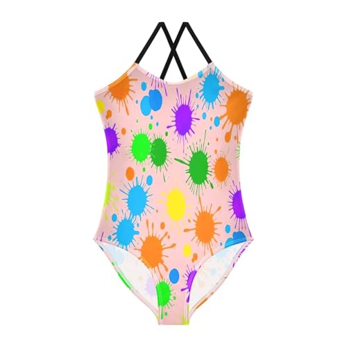 Colorful Paint Splatters Blobs Girls 1 Piece Swimsuit with Adjustable Shoulder Strap, Beach Bathing Suit, 3-10