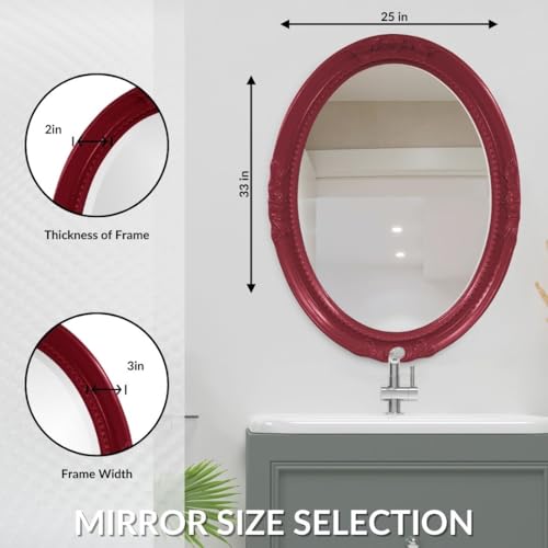 Image of Howard Elliott Collection Queen Ann Oval Glossy Burgundy Wall Mirror, Oval Bevelled Hanging Wood Framed Vanity Mirrors for Home Decor, Living Room, Bathroom, Bedroom, or Hallway, 25 x 33 Inch