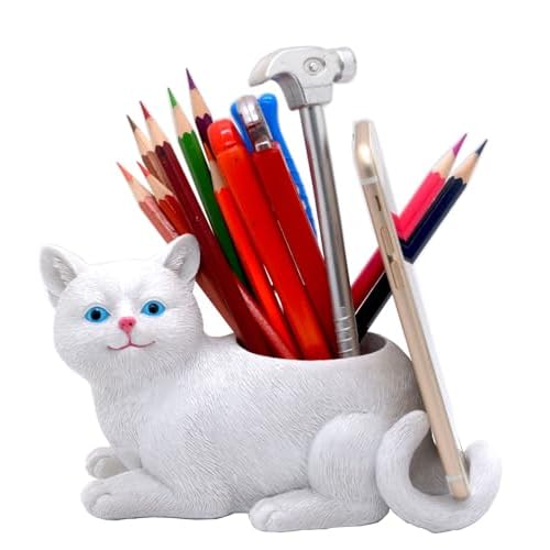 Cute Desk Accessories Cat Pen Pencil Holder with Phone Stand Office Decor Home Office School Desk Decor Cat Gift(white)