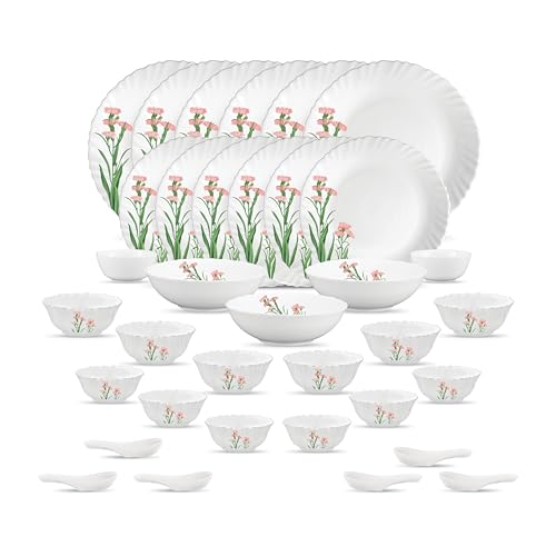 La Opala Opal Glass Crockery | for Family of 6 | Dinner Set 35 pcs Pink Florets | Plates & Bowls for Dining | Microwave Safe | 100% Vegetarian | Extra