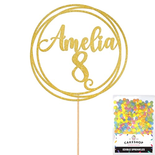 Personalised Round Happy Birthday Glitter Cake Topper - Gold Any Custom Age & Name Glitter Cake Decoration and Sprinkles - Happy Birthday Decorations - Personalised Toppers for Cakes by Cakeshop