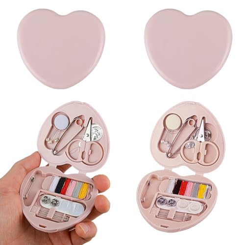 Cobee Kit de couture portable - 2 pièces mini kits pour réparation d'urgence et bricolage - étui en forme de cœur avec aiguilles, boutons, épingles -...