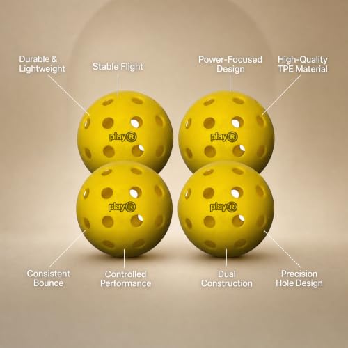 Image of playR Pickleball Balls - Injection Molded Lightweight Pickleballs, Durable Construction, Power, Stable Flight & Consistent Bounce, Precision Performance Balls for Training & Match Play - Pack of 4