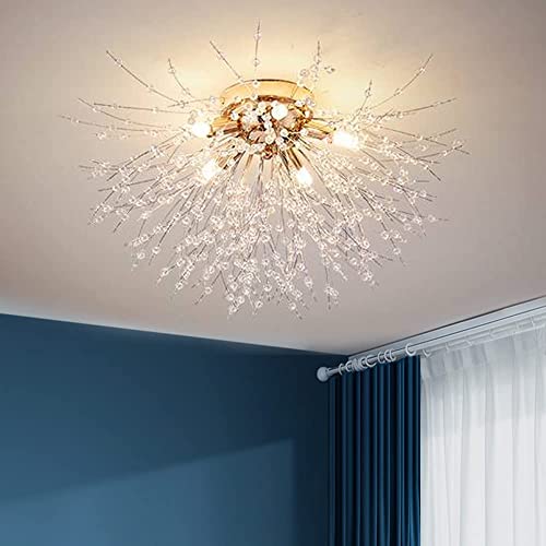 Lâmpada de teto de dente de leão 8 luzes douradas, luminária de teto de fogo de artifício de cristal
